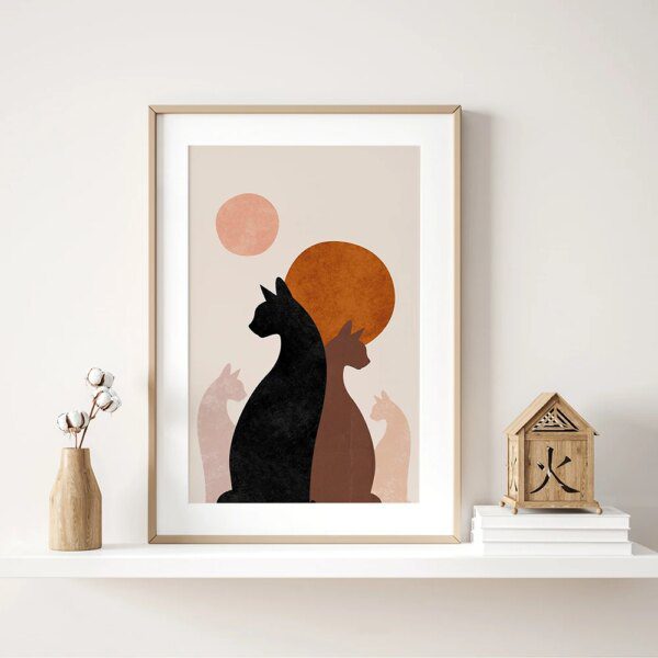 tableau chat Peinture sur toile de bol de soleil Boho abstrait, impression de chats noirs, art mural, décor de pépinière minimaliste