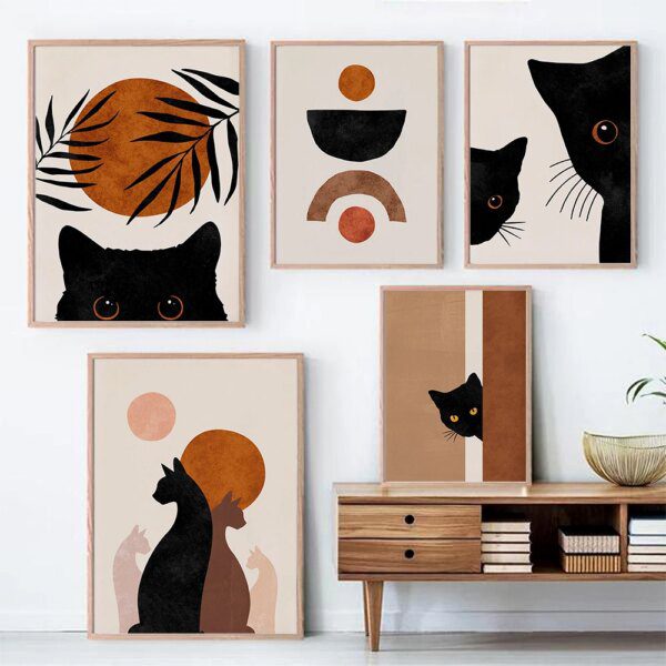 tableau chat Peinture sur toile de bol de soleil Boho abstrait, impression de chats noirs, art mural, décor de pépinière minimaliste