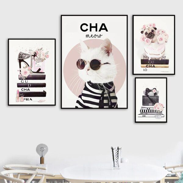 tableau chat Livre de mode fleur de parfum de chat avec Logo, peinture sur toile d'art mural
