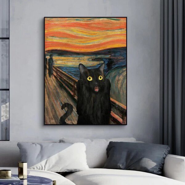 tableau chat Toile de Portrait de chat noir moderne, peintures amusantes, affiches et imprimés