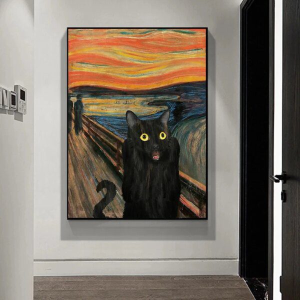 tableau chat Toile de Portrait de chat noir moderne, peintures amusantes, affiches et imprimés