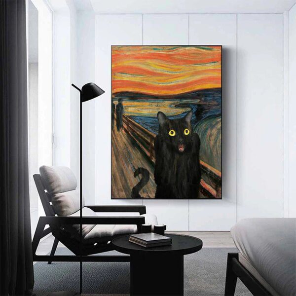 tableau chat Toile de Portrait de chat noir moderne, peintures amusantes, affiches et imprimés
