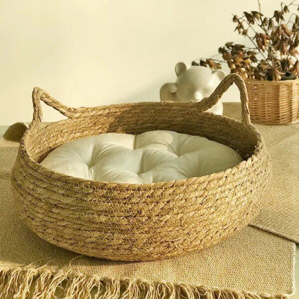 Lit pour Chat Quatre Saisons – Panier Tissé Naturel avec Coussin