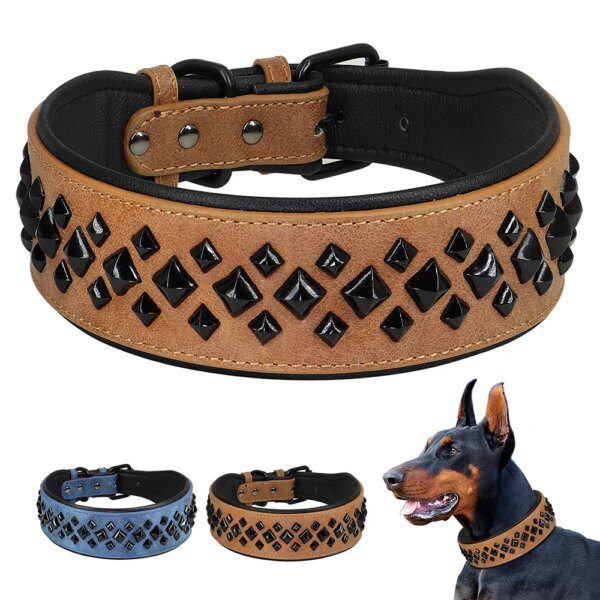 Collier pour chien en cuir véritable avec pointe, rembourré durable
