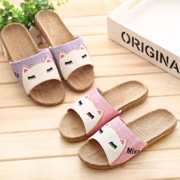 chaussons chat d'intérieur en lin pour femmes, chaussures de plage d'été