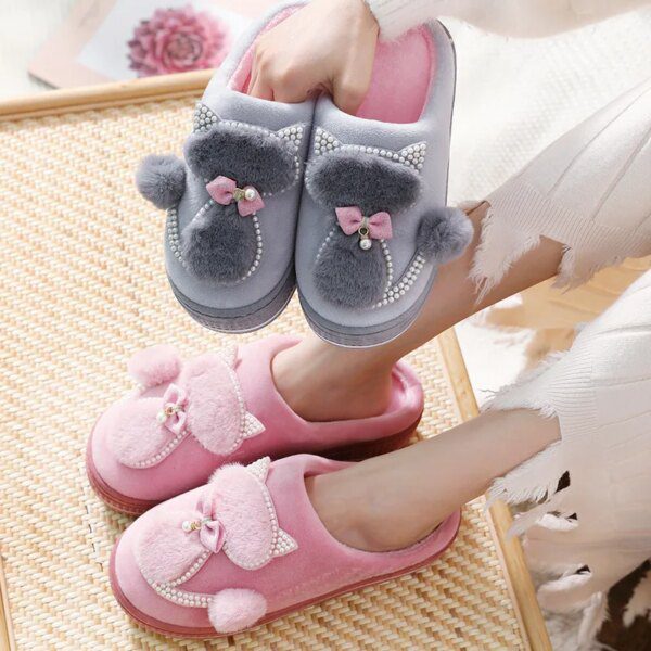 chaussons chat en strass à plateforme épaisse pour femmes