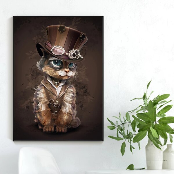 Peinture sur toile avec chat Steampunk, animaux amusants