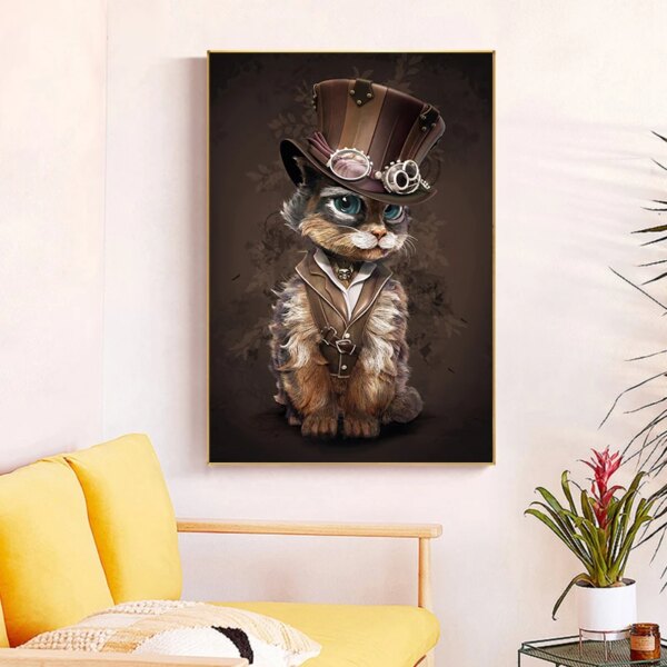 Peinture sur toile avec chat Steampunk, animaux amusants