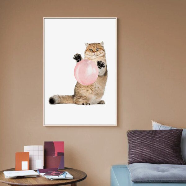 Affiche en toile avec chat tigre, dessin mural nordique, ballon rose, bulle gomme, tableau chat
