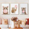 Affiche en toile avec chat tigre, dessin mural nordique, ballon rose, bulle gomme, tableau chat