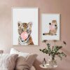Affiche en toile avec chat tigre, dessin mural nordique, ballon rose, bulle gomme, tableau chat