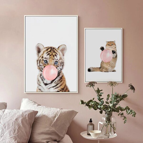 Affiche en toile avec chat tigre, dessin mural nordique, ballon rose, bulle gomme, tableau chat