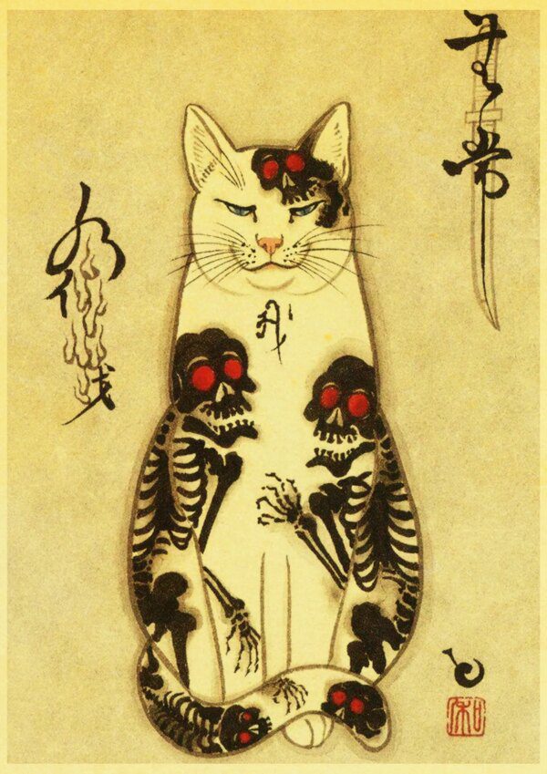 Affiches rétro de tatouage de chat samouraï japonais, tableau chat