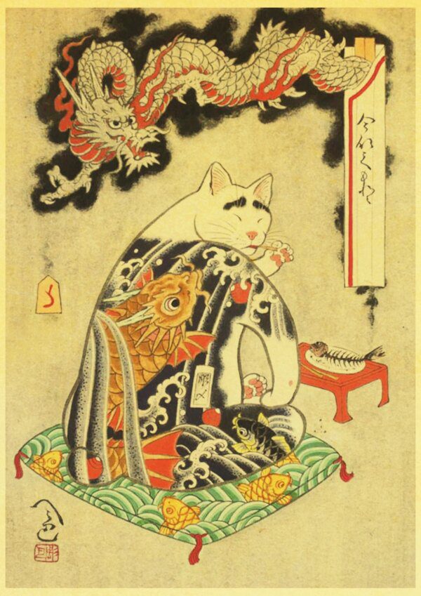 Affiches rétro de tatouage de chat samouraï japonais, tableau chat