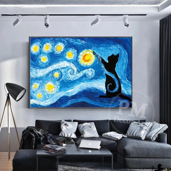 Affiche de chat noir abstraite, Impression de ciel étoilé, peinture murale couleur