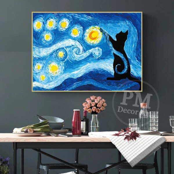 Affiche de chat noir abstraite, Impression de ciel étoilé, peinture murale couleur