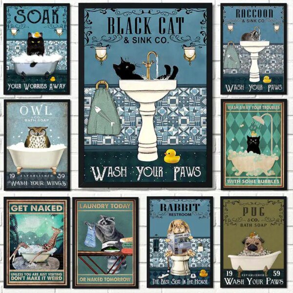 Peinture sur toile imprimée style nordique, dessin de sirène, chat, carlin, raton laveur, Panda, girafe, décor de toilettes pour chambre d'enfant