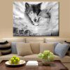 Peinture loup noir & blanc – Toile d’art mural minimaliste pour salon