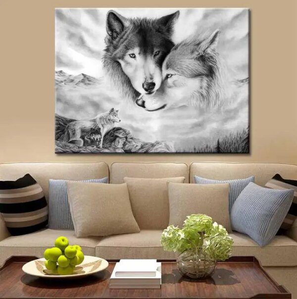 Peinture loup noir & blanc – Toile d’art mural minimaliste pour salon