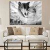 Peinture loup noir & blanc – Toile d’art mural minimaliste pour salon