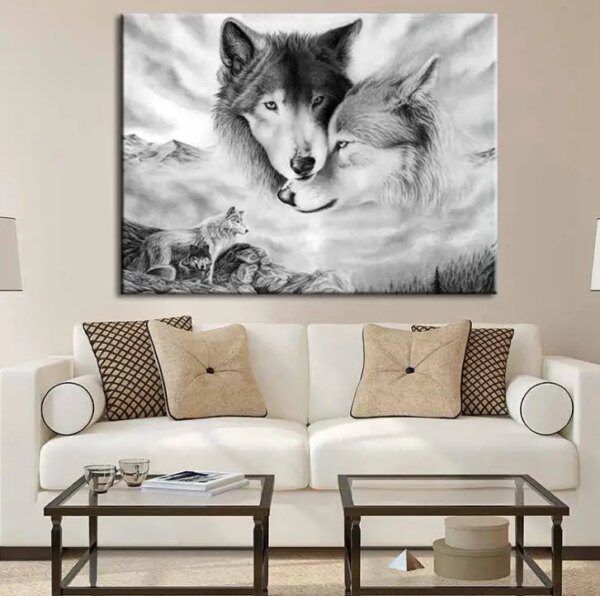 Peinture loup noir & blanc – Toile d’art mural minimaliste pour salon