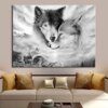 Peinture loup noir & blanc – Toile d’art mural minimaliste pour salon