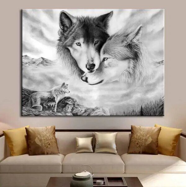 Peinture loup noir & blanc – Toile d’art mural minimaliste pour salon