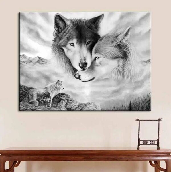 Peinture loup noir & blanc – Toile d’art mural minimaliste pour salon