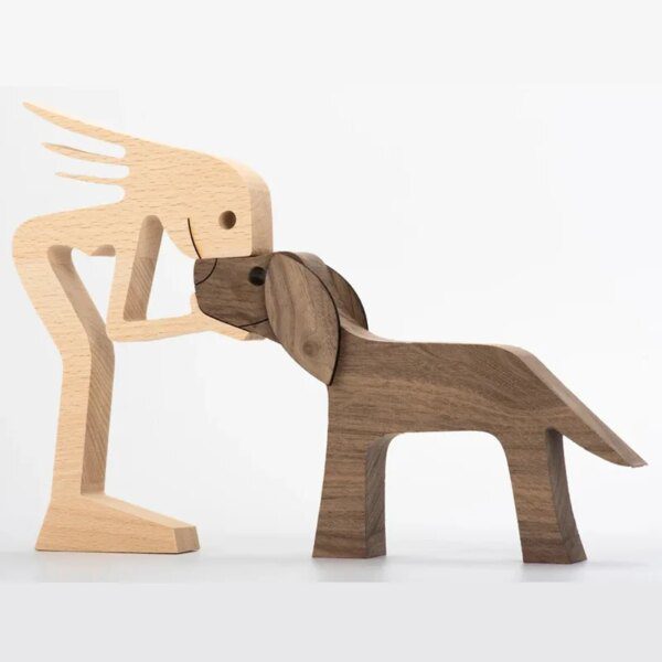 Statue chien en bois – Sculpture artisanale chiot & humain