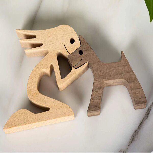 Statue chien en bois – Sculpture artisanale chiot & humain