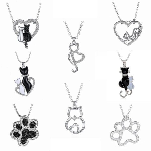 Mignon chat pendentif collier en forme de coeur amoureux cristal