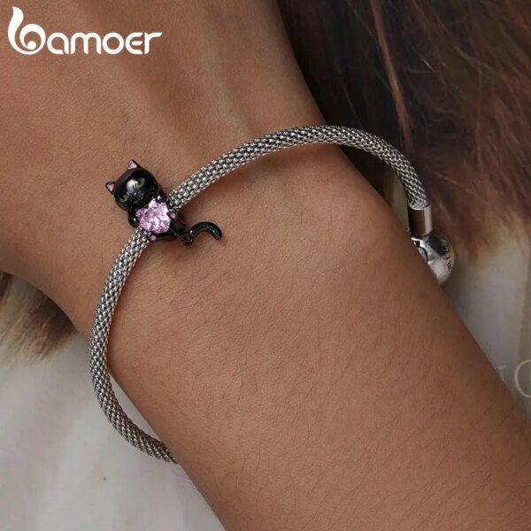 Bracelet en argent Sterling 925 avec perles de chat noir de dessin animé, mignon pendentif de queue