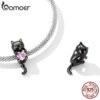 Bracelet en argent Sterling 925 avec perles de chat noir de dessin animé, mignon pendentif de queue