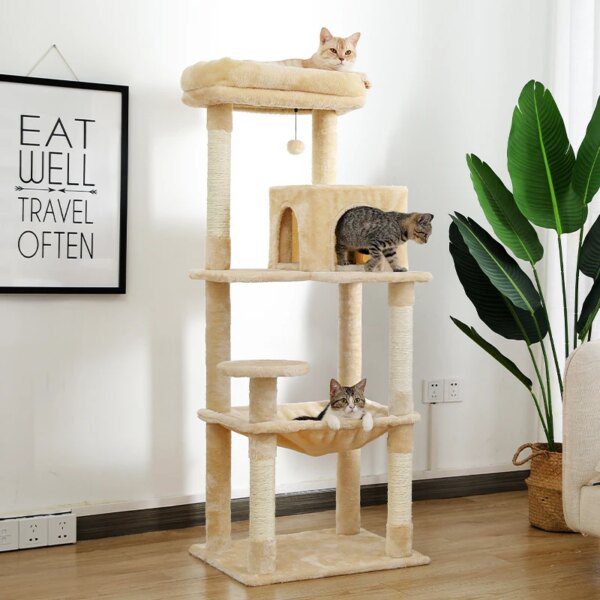 Arbre à chat à plusieurs niveaux H143CM, mobilier de maison avec poteaux à gratter recouverts de Sisal
