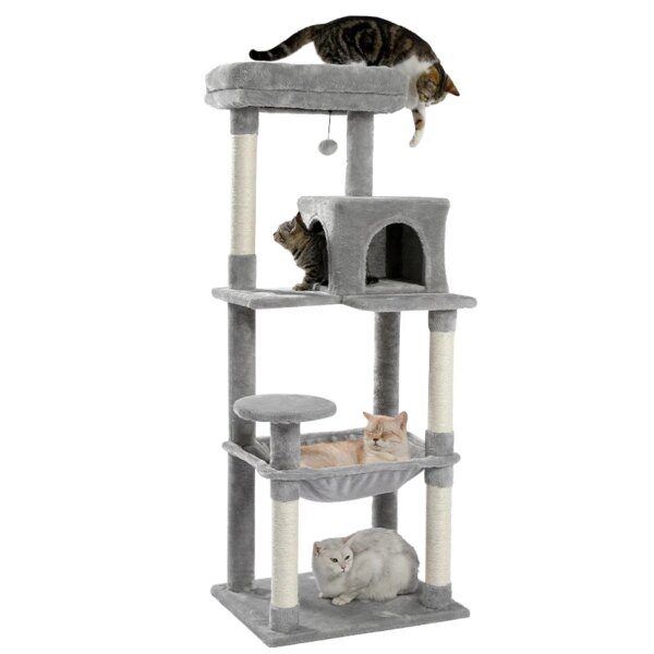 Arbre à chat à plusieurs niveaux H143CM, mobilier de maison avec poteaux à gratter recouverts de Sisal