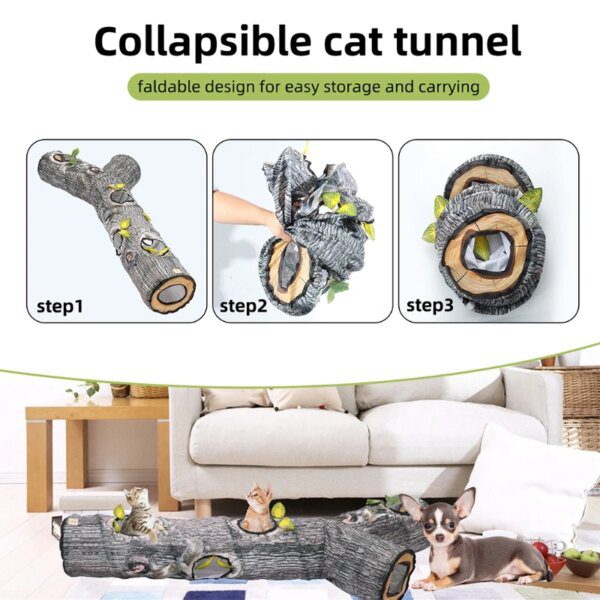 Grand Tunnel Pliable pour Chat – Motif Arbre, Jeu Long