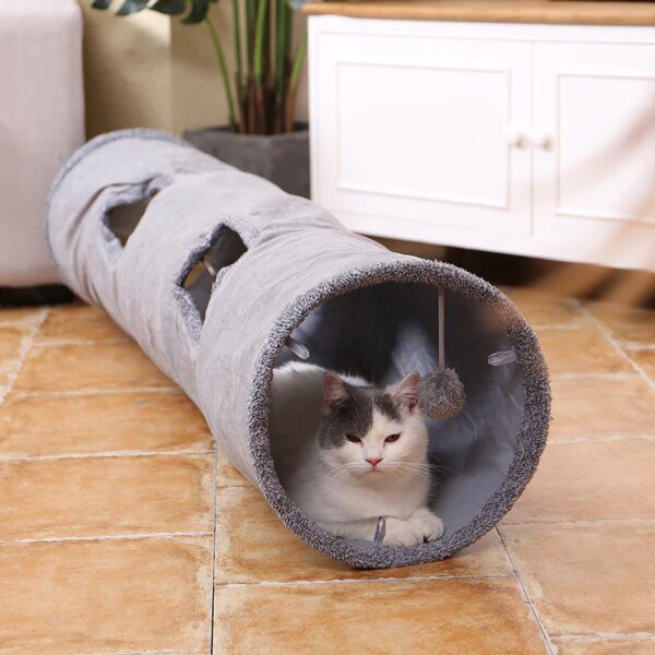 Tunnel Pliable Gris pour Chat – Niche Longue Écologique