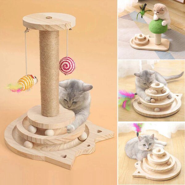 Jouet interactif en bois pour chat – Plateau tournant