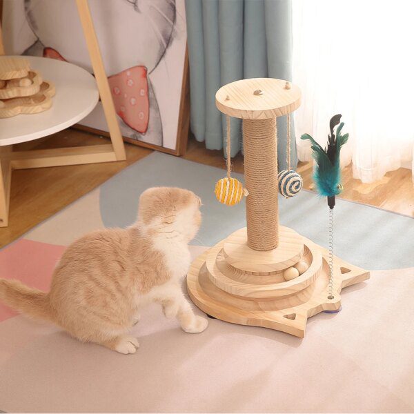 Jouet interactif en bois pour chat – Plateau tournant