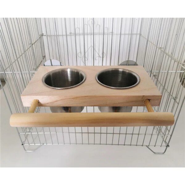 69621-d52426.jpg Mangeoire 2-en-1 avec Perchoir en Bois – Bols en Acier Inoxydable