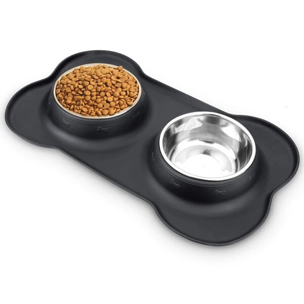 Gamelle Chien & Chat Double Bol Antidérapant avec Tapis en Silicone