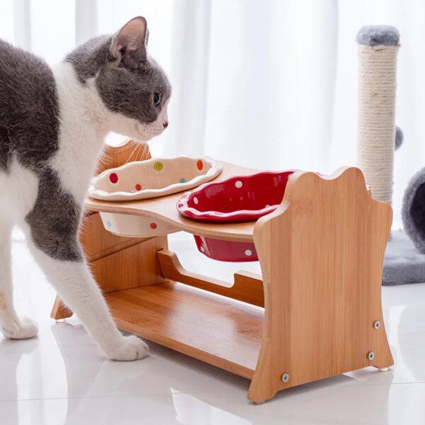 gamelle chat Bol surélevé en céramique pour chat, mignon, avec support en bois