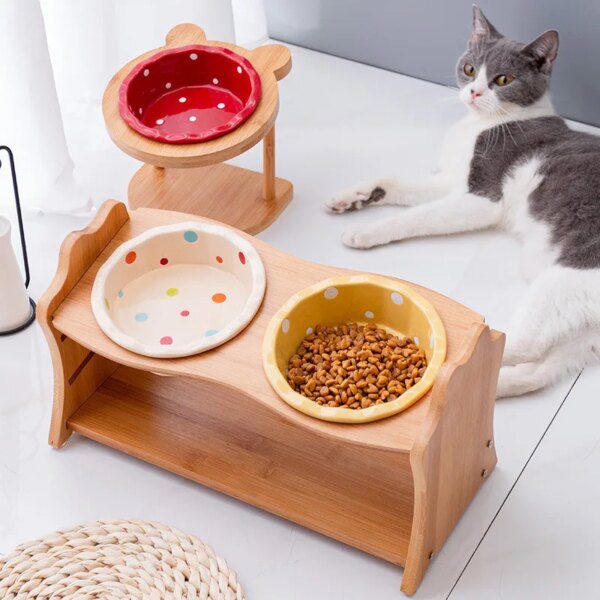 gamelle chat Bol surélevé en céramique pour chat, mignon, avec support en bois