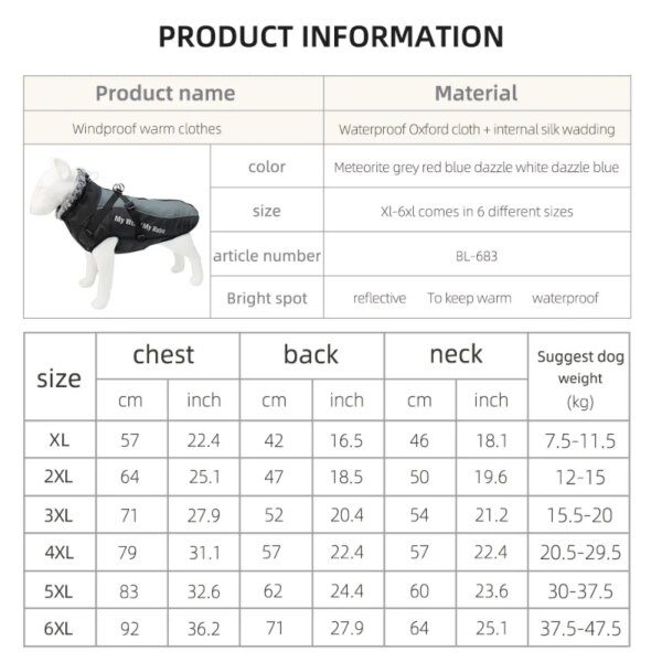 Veste imperméable avec col en fourrure pour grand chien – Protection hiver