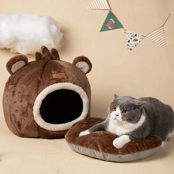 Lit d’hiver chaud pour chat – Grotte cocoon amovible