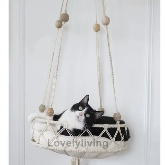 Hamac en macramé pour chat – Panier suspendu tout doux avec jouets
