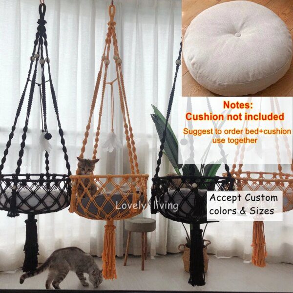 Hamac en macramé pour chat – Panier suspendu tout doux avec jouets