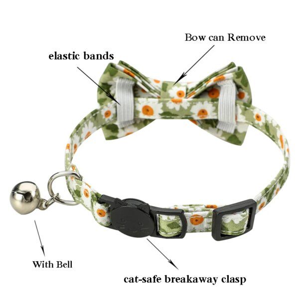 Collier Chat Floral d’Été – Nœud Papillon, Clochette