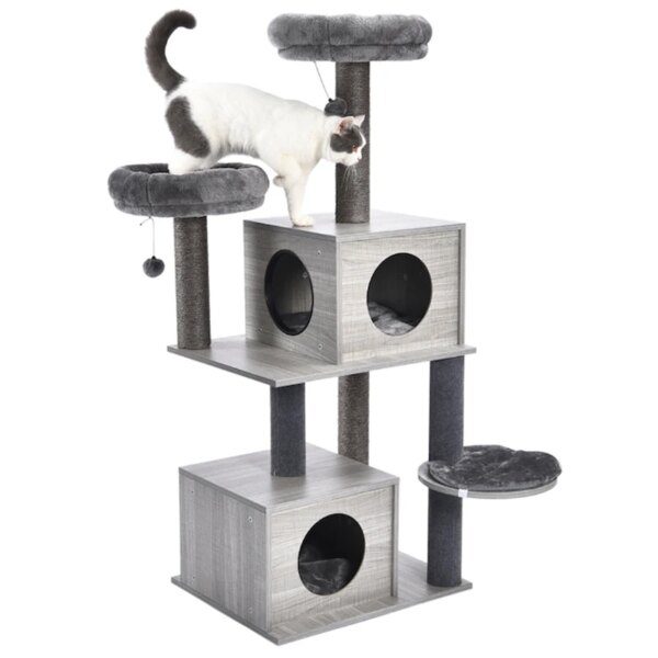 Arbre à chat en bois de Sisal pour chats et chatons, poste à gratter, tour à plusieurs niveaux avec jouets et maison
