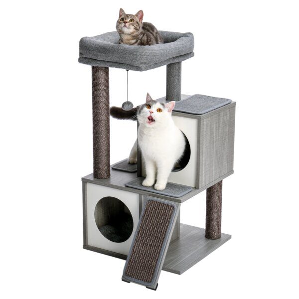 Arbre à chat en bois de Sisal pour chats et chatons, poste à gratter, tour à plusieurs niveaux avec jouets et maison